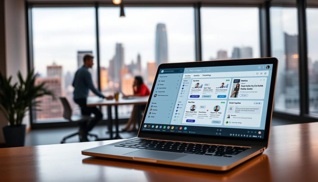 A modern, minimalist digital marketing office setting. In the foreground, a laptop screen displays an email campaign dashboard with metrics, templates, and customization tools. In the middle ground, a team collaborates around a conference table, discussing strategies. The background features large windows overlooking a bustling city skyline, with warm, indirect lighting creating a professional yet dynamic atmosphere. The overall vibe is one of efficiency, creativity, and an innovative approach to real estate email marketing.
