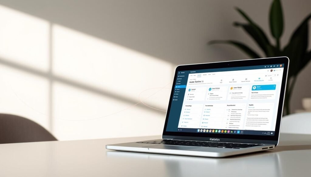 A modern, minimalist digital workspace with sleek automation tools. In the foreground, a laptop screen displays a visually appealing email marketing dashboard, featuring intuitive controls and customizable templates. The middle ground showcases a stylized, abstract representation of automated email sequences, with elegant lines and gradients symbolizing the flow of personalized messages. The background is a softly lit, neutral environment, creating a sense of focus and professionalism. The overall composition conveys a sense of efficiency, productivity, and the power of data-driven email marketing for travel bloggers.