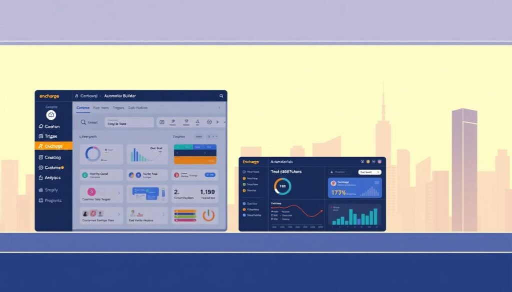 A modern, minimalist illustration showcasing the Encharge automation builder. In the foreground, a sleek, responsive web interface featuring drag-and-drop automation creation tools, customer behavior triggers, and data visualization analytics. The middle ground depicts a SaaS product dashboard, complete with customer segmentation, lifecycle stages, and personalized messaging. In the background, a subtle city skyline hints at the enterprise-level scalability of the Encharge platform. The scene is bathed in a warm, soft lighting, conveying a sense of efficiency, intelligence, and intuitive user experience tailored for SaaS businesses. A modern, minimalist illustration showcasing the Encharge automation builder. In the foreground, a sleek, responsive web interface featuring drag-and-drop automation creation tools, customer behavior triggers, and data visualization analytics. The middle ground depicts a SaaS product dashboard, complete with customer segmentation, lifecycle stages, and personalized messaging. In the background, a subtle city skyline hints at the enterprise-level scalability of the Encharge platform. The scene is bathed in a warm, soft lighting, conveying a sense of efficiency, intelligence, and intuitive user experience tailored for SaaS businesses.