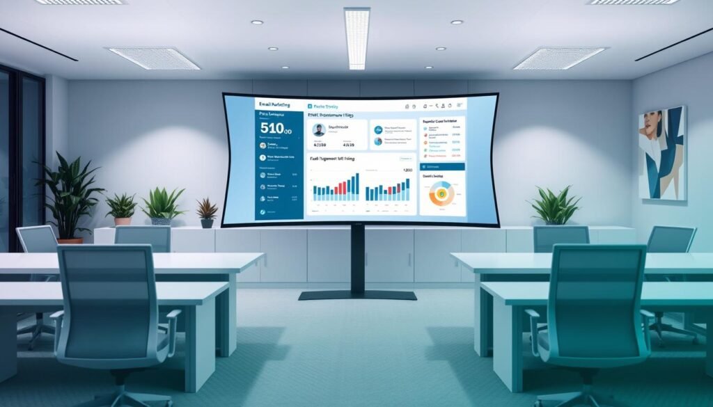 A modern, minimalist office interior with sleek desks and ergonomic chairs. The focal point is a large, curved monitor displaying an email marketing dashboard with personalized customer data and multi-channel engagement metrics. The lighting is soft and diffused, creating a sophisticated, professional atmosphere. In the background, there are potted plants and abstract wall art, adding touches of nature and creativity. The overall scene conveys a sense of enterprise-level digital marketing capabilities, seamlessly integrated into a refined, streamlined workspace.