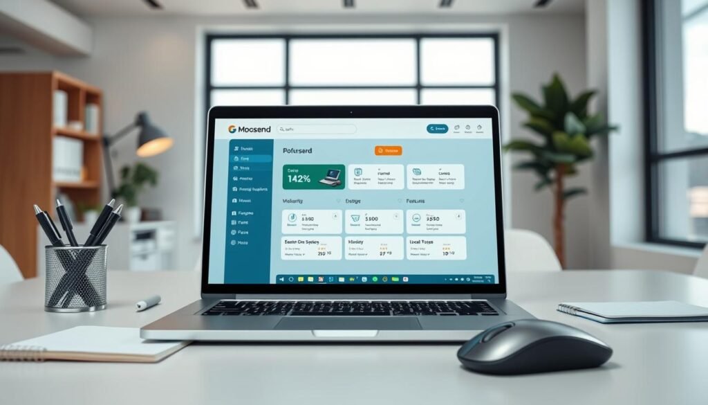 A modern, minimalist office setting with a clean, sleek aesthetic. The foreground features a laptop displaying the Moosend dashboard, showcasing its automation features in a crisp, intuitive interface. The middle ground includes productivity-enhancing office supplies, such as a pen holder, notepad, and a sleek, wireless mouse. The background depicts a large window with natural lighting, creating a bright, airy atmosphere that embodies the flexibility and efficiency of Moosend's workflow tools. The overall scene conveys a sense of professionalism, productivity, and the power of Moosend's budget-friendly, yet robust email marketing capabilities. A modern, minimalist office setting with a clean, sleek aesthetic. The foreground features a laptop displaying the Moosend dashboard, showcasing its automation features in a crisp, intuitive interface. The middle ground includes productivity-enhancing office supplies, such as a pen holder, notepad, and a sleek, wireless mouse. The background depicts a large window with natural lighting, creating a bright, airy atmosphere that embodies the flexibility and efficiency of Moosend's workflow tools. The overall scene conveys a sense of professionalism, productivity, and the power of Moosend's budget-friendly, yet robust email marketing capabilities.