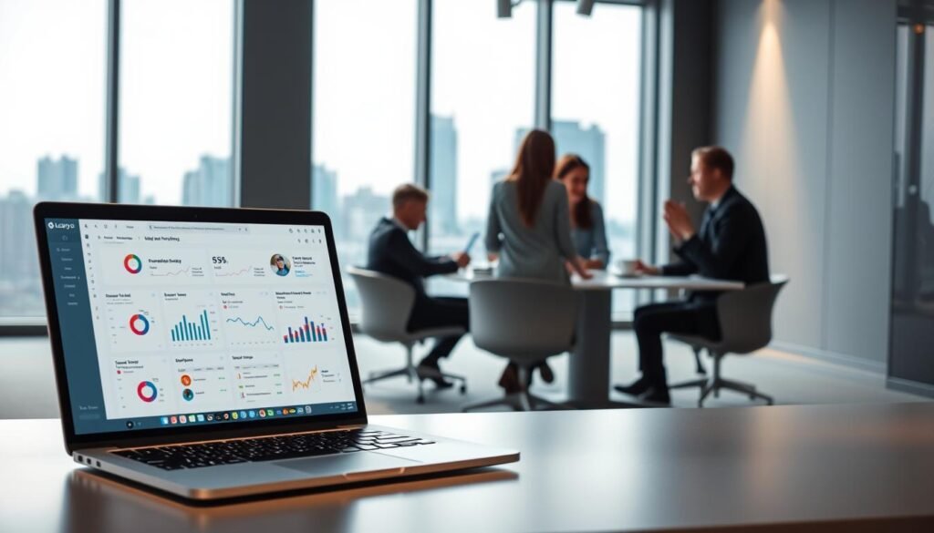 A modern, minimalist office setting with large windows overlooking a cityscape. In the foreground, a laptop displays the Klaviyo email marketing platform's clean, data-driven interface, showcasing detailed analytics and personalization tools. The middle ground features a team of professionals collaborating around a sleek conference table, discussing ecommerce strategies. The background is bathed in soft, directional lighting, creating a professional, high-end atmosphere. The overall scene conveys Klaviyo's focus on data-driven, personalized email marketing solutions for high-volume retail businesses. A modern, minimalist office setting with large windows overlooking a cityscape. In the foreground, a laptop displays the Klaviyo email marketing platform's clean, data-driven interface, showcasing detailed analytics and personalization tools. The middle ground features a team of professionals collaborating around a sleek conference table, discussing ecommerce strategies. The background is bathed in soft, directional lighting, creating a professional, high-end atmosphere. The overall scene conveys Klaviyo's focus on data-driven, personalized email marketing solutions for high-volume retail businesses.