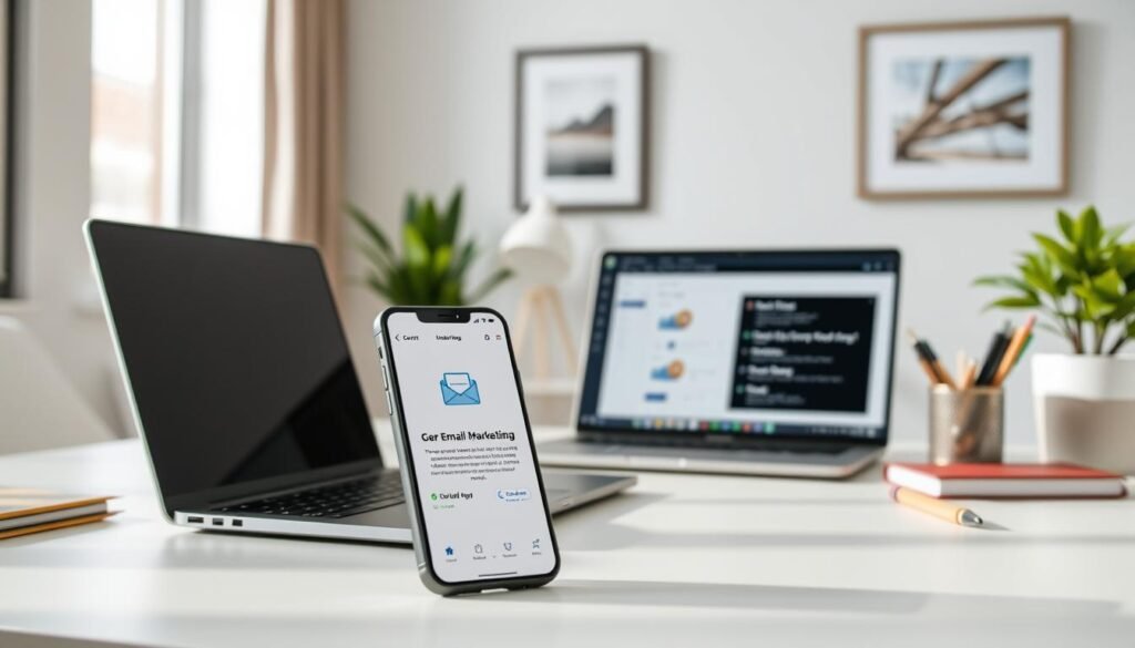 A modern, minimalist office setup with a laptop, smartphone, and office supplies. In the foreground, a smartphone displays an email marketing app interface, showcasing a 30-day free trial. The middle ground features a laptop open to a web browser, displaying an email marketing platform's dashboard. The background is a clean, well-lit office space with neutral-toned walls, a potted plant, and a framed wall art piece. The lighting is soft and natural, creating a professional and inviting atmosphere. The overall scene conveys the idea of testing and exploring email marketing tools before committing to a platform. A modern, minimalist office setup with a laptop, smartphone, and office supplies. In the foreground, a smartphone displays an email marketing app interface, showcasing a 30-day free trial. The middle ground features a laptop open to a web browser, displaying an email marketing platform's dashboard. The background is a clean, well-lit office space with neutral-toned walls, a potted plant, and a framed wall art piece. The lighting is soft and natural, creating a professional and inviting atmosphere. The overall scene conveys the idea of testing and exploring email marketing tools before committing to a platform.