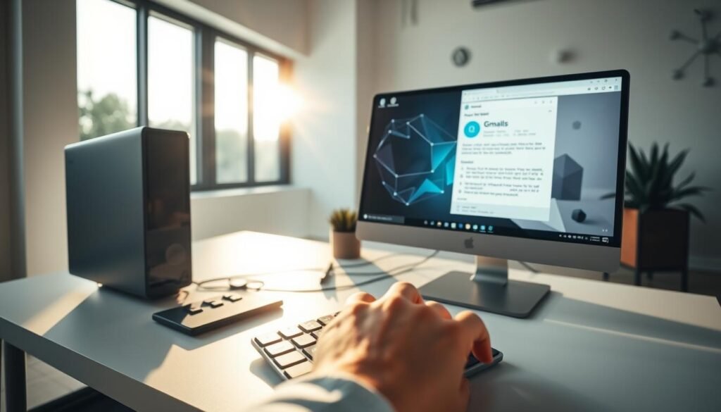 A modern, minimalist workspace with a sleek desktop computer, a stylish wireless keyboard, and a high-resolution monitor displaying an email composition interface. Crisp, natural lighting streams in through large windows, casting a warm, productive glow. In the foreground, a hand hovers over the keyboard, ready to craft the perfect email marketing message. The background features abstract geometric shapes and patterns, hinting at the data-driven, AI-powered nature of modern email campaigns. An overall sense of focus, efficiency, and technological prowess permeates the scene.