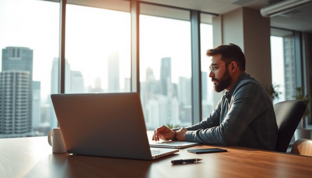 A modern office interior with a large window overlooking a bustling city skyline. In the foreground, a desk with a laptop, coffee mug, and a pen. The middle ground features a person sitting at the desk, deep in thought, their gaze focused on the screen. The background is softly lit, creating a sense of contemplation and focus. The color palette is a mix of cool grays, blues, and warm wood tones, conveying a professional yet inviting atmosphere. The lighting is natural, filtering in through the window, casting a soft glow on the scene. The overall mood is one of re-engagement, with the person at the desk actively reviewing and analyzing data, ready to iterate and refine their marketing strategies. A modern office interior with a large window overlooking a bustling city skyline. In the foreground, a desk with a laptop, coffee mug, and a pen. The middle ground features a person sitting at the desk, deep in thought, their gaze focused on the screen. The background is softly lit, creating a sense of contemplation and focus. The color palette is a mix of cool grays, blues, and warm wood tones, conveying a professional yet inviting atmosphere. The lighting is natural, filtering in through the window, casting a soft glow on the scene. The overall mood is one of re-engagement, with the person at the desk actively reviewing and analyzing data, ready to iterate and refine their marketing strategies.