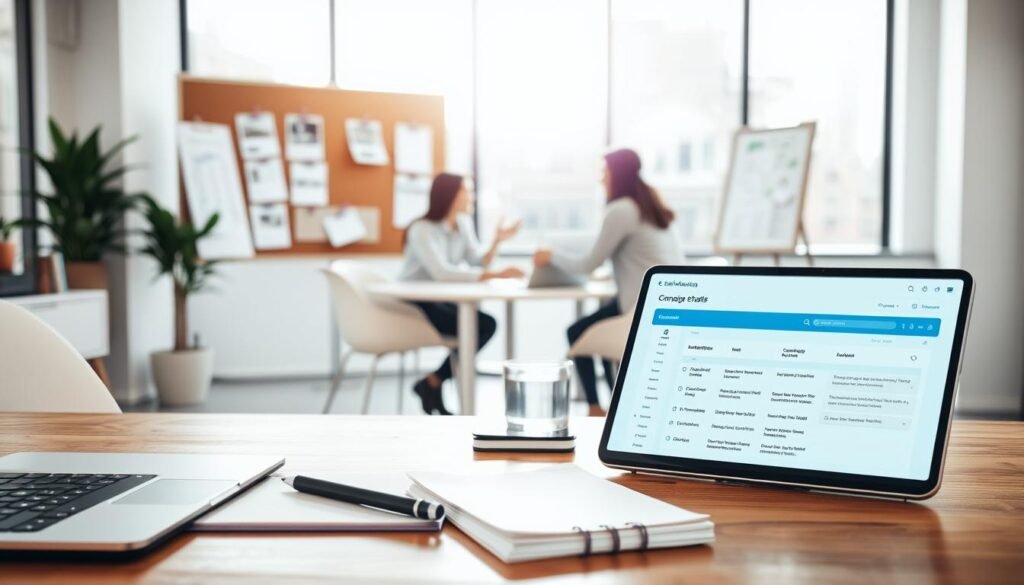 A modern office scene, well-lit with natural light streaming through large windows. In the foreground, a desk with a laptop, notepad, and a smartphone displaying an email marketing dashboard. The middle ground features a team collaborating around a conference table, discussing timelines and strategies. In the background, a corkboard showcases campaign schedules, email templates, and launch checklists. The atmosphere is focused yet relaxed, conveying the efficiency and agility of launching a high-converting limited-time offer campaign in a matter of days. A modern office scene, well-lit with natural light streaming through large windows. In the foreground, a desk with a laptop, notepad, and a smartphone displaying an email marketing dashboard. The middle ground features a team collaborating around a conference table, discussing timelines and strategies. In the background, a corkboard showcases campaign schedules, email templates, and launch checklists. The atmosphere is focused yet relaxed, conveying the efficiency and agility of launching a high-converting limited-time offer campaign in a matter of days.