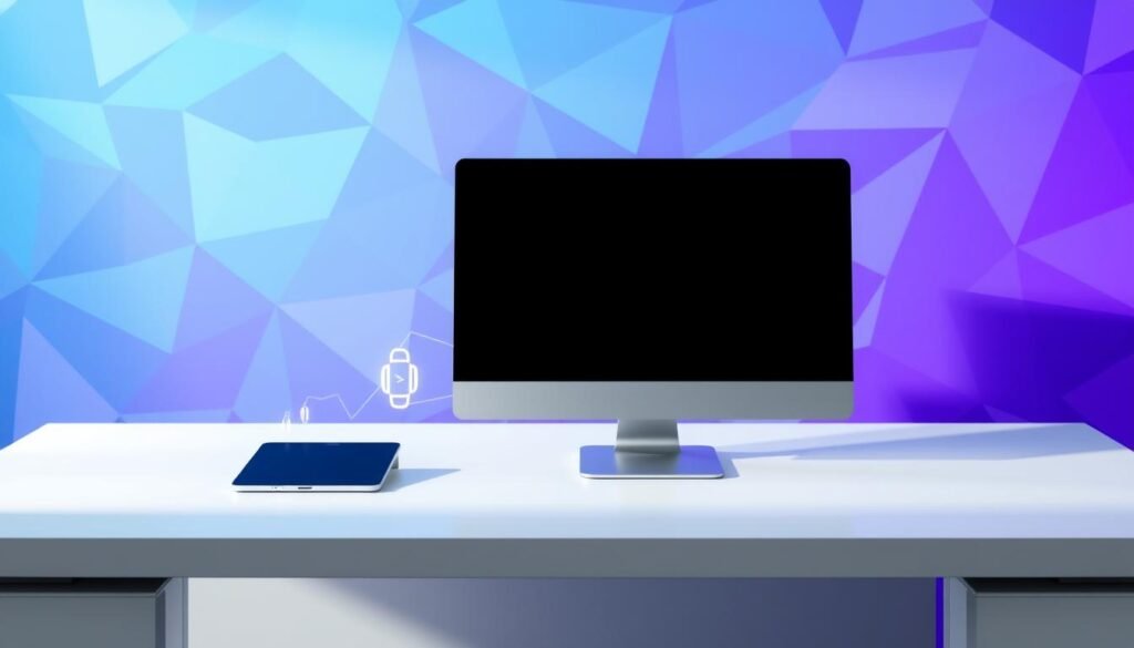 A modern office setting with a desktop computer, smartphone, and tablet on a clean, minimalist desk. The devices are connected by glowing data lines, representing seamless cross-channel communication. The background features a vibrant, abstract pattern of overlapping geometric shapes in shades of blue and purple, symbolizing the dynamic flow of information across digital platforms. Soft, directional lighting casts subtle shadows, adding depth and a sense of techno-futuristic elegance to the scene. The overall mood is one of efficiency, automation, and the convergence of communication channels. A modern office setting with a desktop computer, smartphone, and tablet on a clean, minimalist desk. The devices are connected by glowing data lines, representing seamless cross-channel communication. The background features a vibrant, abstract pattern of overlapping geometric shapes in shades of blue and purple, symbolizing the dynamic flow of information across digital platforms. Soft, directional lighting casts subtle shadows, adding depth and a sense of techno-futuristic elegance to the scene. The overall mood is one of efficiency, automation, and the convergence of communication channels.