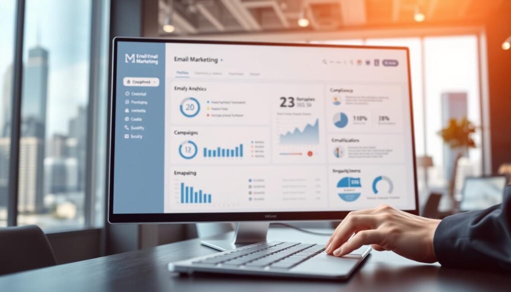 A modern office setting with a large computer monitor displaying an email marketing dashboard. The foreground features a businessperson's hands typing on a sleek, minimalist keyboard. The middle ground showcases various email marketing metrics, analytics, and campaign management tools. The background has a blurred city skyline visible through floor-to-ceiling windows, conveying a sense of professionalism and productivity. Soft, natural lighting illuminates the scene, creating a warm and inviting atmosphere. The overall image should reflect the themes of compliance, integrations, and security for U.S. businesses in the email marketing industry. A modern office setting with a large computer monitor displaying an email marketing dashboard. The foreground features a businessperson's hands typing on a sleek, minimalist keyboard. The middle ground showcases various email marketing metrics, analytics, and campaign management tools. The background has a blurred city skyline visible through floor-to-ceiling windows, conveying a sense of professionalism and productivity. Soft, natural lighting illuminates the scene, creating a warm and inviting atmosphere. The overall image should reflect the themes of compliance, integrations, and security for U.S. businesses in the email marketing industry.