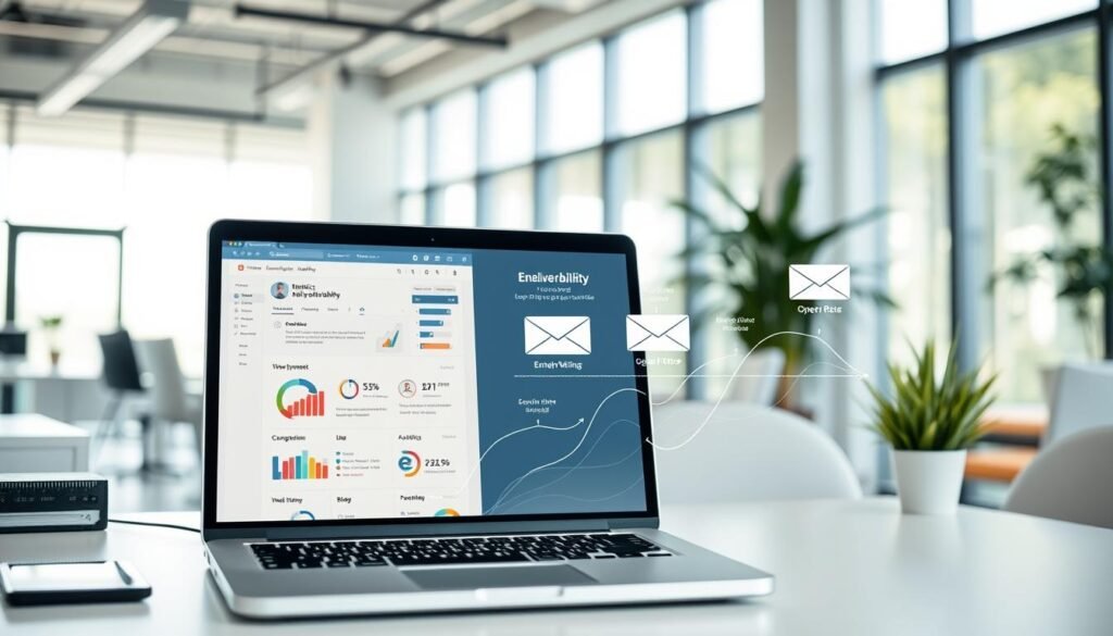 A modern office setting, with a sleek, minimalist desk setup. In the foreground, a laptop displays an email interface, with metrics and analytics dashboards showcasing email deliverability data. In the middle ground, a stylized data visualization depicts the journey of an email campaign, highlighting key metrics like open rates, click-through rates, and bounce rates. The background features a clean, airy environment with large windows, allowing natural light to filter in and create a sense of transparency and clarity. The overall mood is one of efficiency, productivity, and a deep understanding of the email marketing landscape.