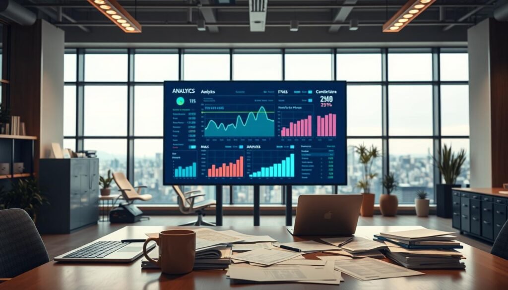 A modern office space with a large display screen showcasing analytics data and charts. The foreground features a desk with a laptop, coffee mug, and piles of papers, creating a sense of an active workspace. Soft, warm lighting illuminates the scene, creating a productive and focused atmosphere. The middle ground includes office chairs, filing cabinets, and potted plants, suggesting a collaborative work environment. The background depicts a panoramic city skyline visible through large windows, hinting at the broader context of the work. The overall composition conveys the idea of offline event data being utilized for omnichannel marketing strategies within a dynamic, technology-driven office setting. A modern office space with a large display screen showcasing analytics data and charts. The foreground features a desk with a laptop, coffee mug, and piles of papers, creating a sense of an active workspace. Soft, warm lighting illuminates the scene, creating a productive and focused atmosphere. The middle ground includes office chairs, filing cabinets, and potted plants, suggesting a collaborative work environment. The background depicts a panoramic city skyline visible through large windows, hinting at the broader context of the work. The overall composition conveys the idea of offline event data being utilized for omnichannel marketing strategies within a dynamic, technology-driven office setting.