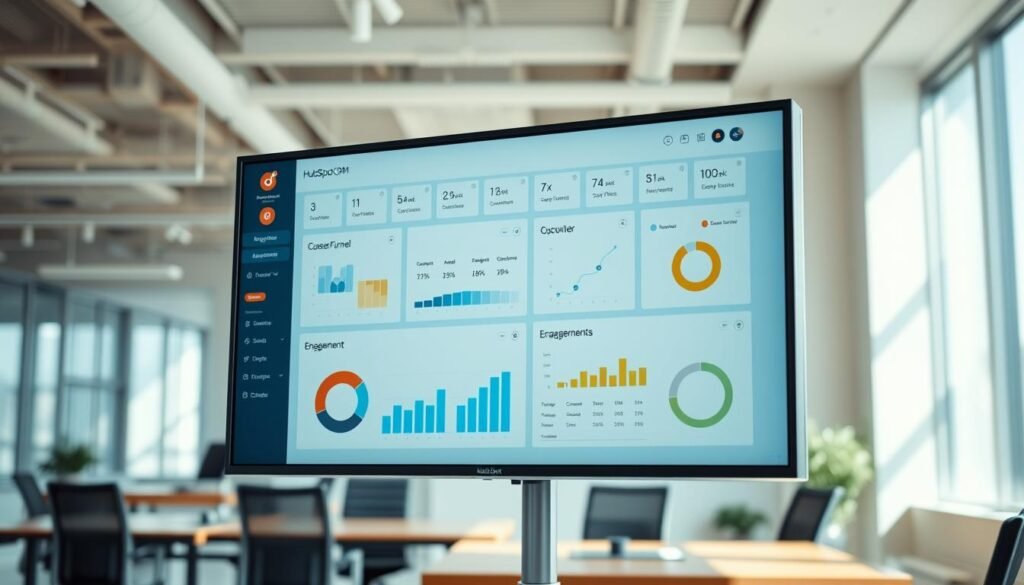 A modern office workspace with a large display screen showcasing a HubSpot CRM dashboard. The dashboard features customer data visualizations such as sales funnel, customer segmentation, and engagement metrics. The lighting is bright and natural, creating a clean and professional atmosphere. The camera angle is slightly elevated, capturing the screen at a slight angle to emphasize the user's perspective. The background is blurred, focusing the viewer's attention on the CRM data displayed on the screen. A modern office workspace with a large display screen showcasing a HubSpot CRM dashboard. The dashboard features customer data visualizations such as sales funnel, customer segmentation, and engagement metrics. The lighting is bright and natural, creating a clean and professional atmosphere. The camera angle is slightly elevated, capturing the screen at a slight angle to emphasize the user's perspective. The background is blurred, focusing the viewer's attention on the CRM data displayed on the screen.