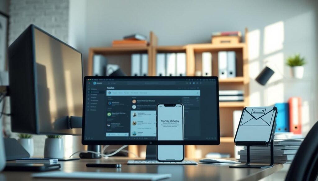 A modern, professional office scene with a desktop computer, a stylized email icon, and various productivity tools. Soft, natural lighting illuminates the workspace, creating a warm and inviting atmosphere. The foreground features a sleek, minimalist monitor displaying an email marketing dashboard, while the middle ground showcases a smartphone with a notification for a new email campaign. In the background, shelves with neatly organized folders and books convey a sense of efficiency and organization. The overall composition conveys the idea of a well-designed, user-friendly email marketing platform that seamlessly integrates with a large organization's workflow. A modern, professional office scene with a desktop computer, a stylized email icon, and various productivity tools. Soft, natural lighting illuminates the workspace, creating a warm and inviting atmosphere. The foreground features a sleek, minimalist monitor displaying an email marketing dashboard, while the middle ground showcases a smartphone with a notification for a new email campaign. In the background, shelves with neatly organized folders and books convey a sense of efficiency and organization. The overall composition conveys the idea of a well-designed, user-friendly email marketing platform that seamlessly integrates with a large organization's workflow.