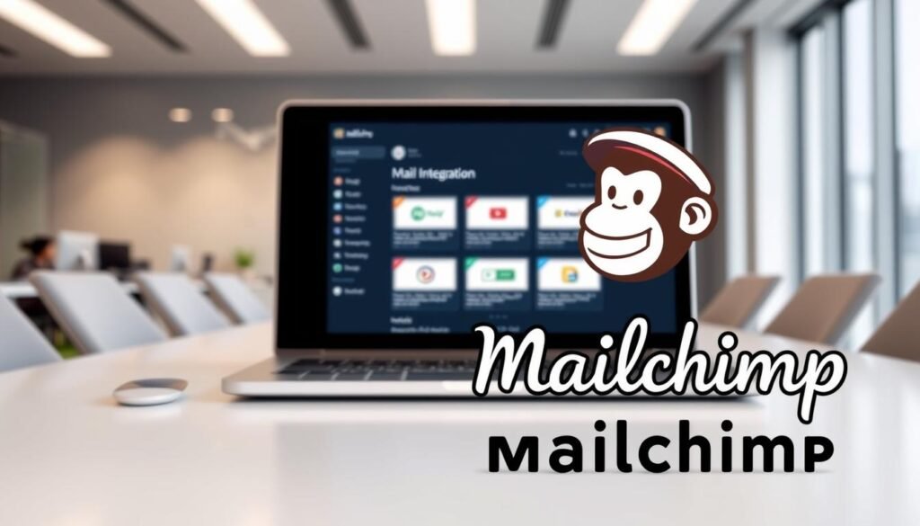 A modern, professional office setting with a sleek, minimalist design. In the foreground, a stylized Mailchimp logo is prominently displayed, reflecting the brand's recognizable identity. The middle ground features a laptop screen showcasing various email integration options, conveying the platform's broad capabilities. The background depicts a clean, well-lit workspace with subtle geometric patterns, suggesting a sense of organization and efficiency. The overall atmosphere is one of sophistication, technology, and the seamless integration of communication tools, capturing the essence of Mailchimp's position as a leading email marketing platform.