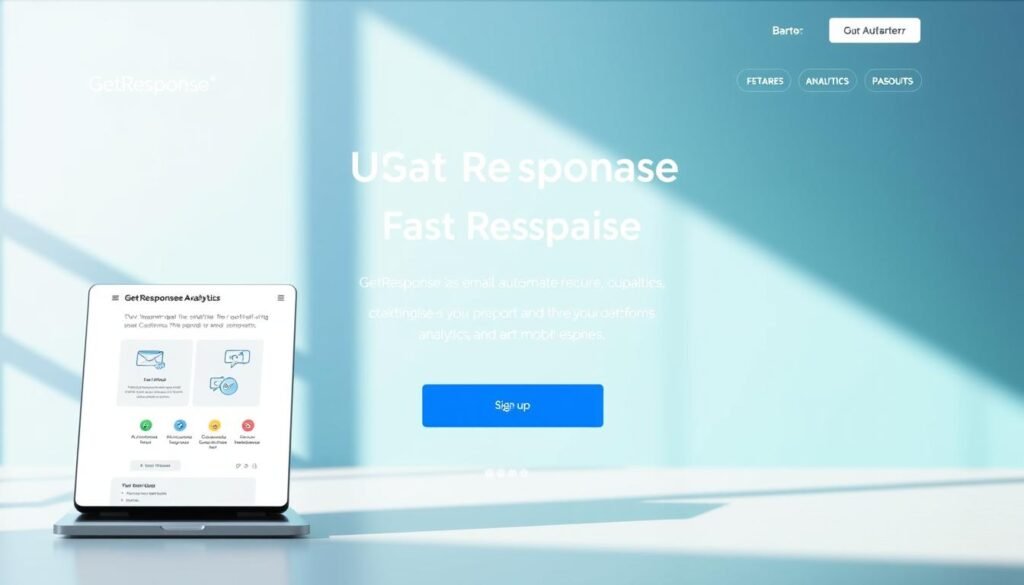 A modern, sleek GetResponse landing page design with a clear call-to-action, showcasing features like email automation, analytics, and mobile optimization. The foreground highlights a clean, minimalist user interface with an intuitive layout and prominent signup form. The middle ground depicts graphical elements like icons, illustrations, and testimonials to convey the platform's capabilities. The background features a soft, blurred gradient in shades of blue and green, creating a sense of depth and professionalism. The lighting is soft and natural, with subtle shadows accentuating the design elements. The overall mood is one of efficiency, trustworthiness, and user-friendliness, reflecting the strengths of the GetResponse platform. A modern, sleek GetResponse landing page design with a clear call-to-action, showcasing features like email automation, analytics, and mobile optimization. The foreground highlights a clean, minimalist user interface with an intuitive layout and prominent signup form. The middle ground depicts graphical elements like icons, illustrations, and testimonials to convey the platform's capabilities. The background features a soft, blurred gradient in shades of blue and green, creating a sense of depth and professionalism. The lighting is soft and natural, with subtle shadows accentuating the design elements. The overall mood is one of efficiency, trustworthiness, and user-friendliness, reflecting the strengths of the GetResponse platform.