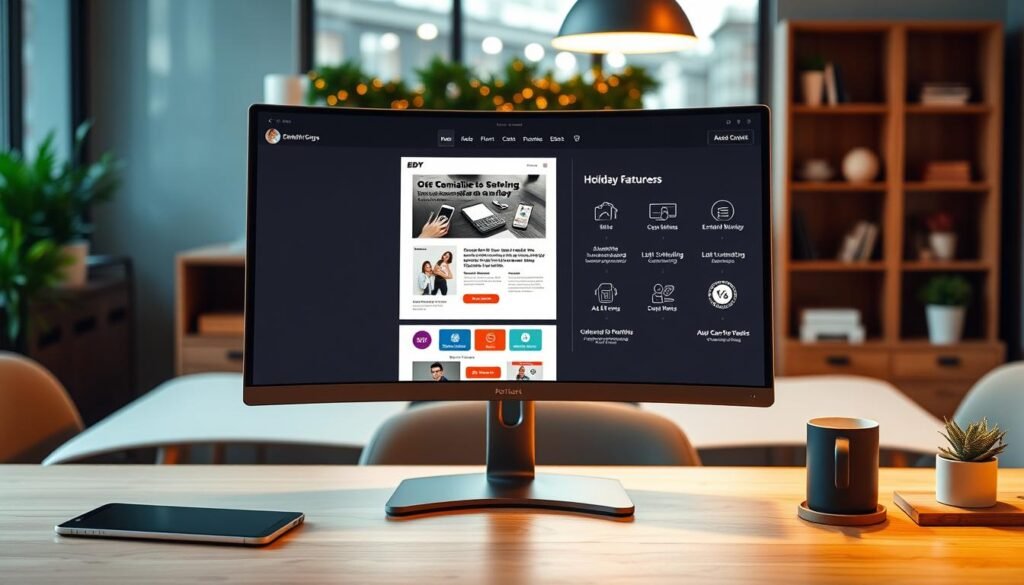 A modern, sleek email marketing software interface showcased on a curved monitor with a warm, professional lighting setup. In the foreground, a responsive email template is prominently displayed, highlighting key features like customizable content blocks, dynamic personalization, and robust analytics. The middle ground features an array of user interaction elements such as intuitive campaign scheduling, list segmentation, and A/B testing tools. The background depicts a minimalist, productivity-focused workspace with a tasteful blend of wood, metal, and glass accents, conveying a sense of efficiency and sophistication befitting the holiday campaign needs of a growing business. A modern, sleek email marketing software interface showcased on a curved monitor with a warm, professional lighting setup. In the foreground, a responsive email template is prominently displayed, highlighting key features like customizable content blocks, dynamic personalization, and robust analytics. The middle ground features an array of user interaction elements such as intuitive campaign scheduling, list segmentation, and A/B testing tools. The background depicts a minimalist, productivity-focused workspace with a tasteful blend of wood, metal, and glass accents, conveying a sense of efficiency and sophistication befitting the holiday campaign needs of a growing business.
