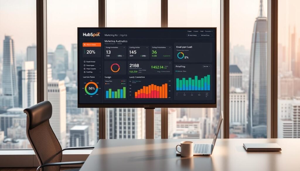 A modern, sleek office setting with a large computer monitor displaying HubSpot's marketing automation analytics dashboard. The dashboard showcases colorful graphs, charts, and statistics tracking various marketing metrics like email open rates, lead conversions, and campaign performance. In the foreground, a professional office chair and a minimalist desk with a laptop, coffee mug, and a few office supplies. Soft, warm lighting illuminates the scene, creating a productive and analytical atmosphere. The background features floor-to-ceiling windows overlooking a bustling city skyline, emphasizing HubSpot's enterprise-level capabilities for scaling real estate brokerages.