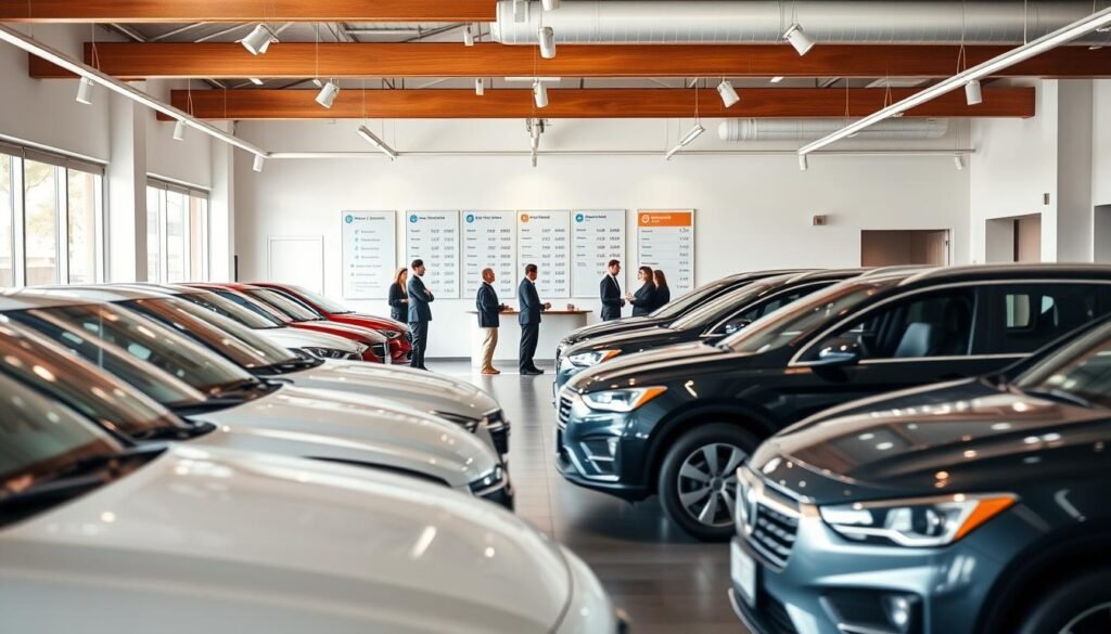 A modern, spacious car dealership showroom with a warm, inviting atmosphere. In the foreground, neatly arranged rows of various automobile models, each displayed with care. In the middle ground, a team of well-dressed sales representatives engaged in friendly discussions with potential customers. The background features a clean, minimalist office space, with a large display board showcasing different pricing and financing options. The lighting is bright and natural, creating a sense of transparency and professionalism. The overall scene conveys a well-organized, customer-centric approach to budgeting and pricing for automotive businesses.