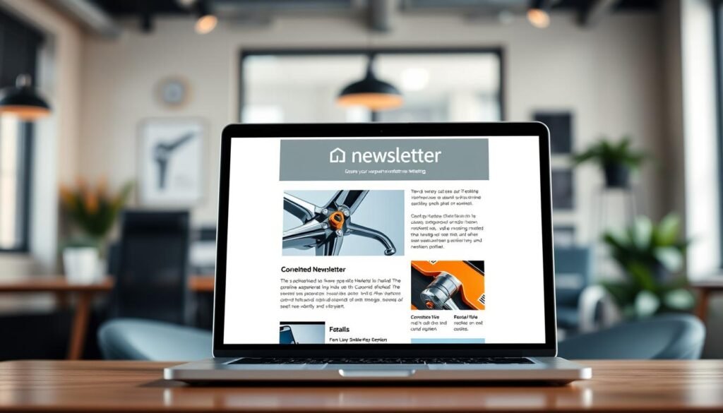 A modern, vibrant newsletter interface with a clean, minimalist design. In the foreground, a sleek, responsive email newsletter template with a prominent masthead, visually striking hero image, and neatly organized content sections. The middle ground features a laptop or tablet displaying the newsletter interface, set against a soft, blurred background of office scenery - a cozy, productive workspace with natural lighting filtering in. The overall atmosphere is one of efficiency, professionalism, and a sense of digital-first, newsletter-centric marketing. The color palette features muted blues, grays, and whites, with subtle pops of accent colors that draw the eye to key design elements.