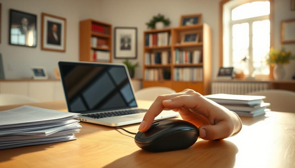 A pristine office workspace bathed in warm, natural light. On the desk, a modern laptop and a stack of neatly organized papers, representing the fusion of traditional and digital communication. In the foreground, a professional-looking person's hand hovers over a computer mouse, symbolizing the constant, seamless interaction between human and technology. The background features bookshelves and framed artwork, conveying a sense of expertise and a well-established legacy. The overall atmosphere is one of productivity, efficiency, and the harmonious coexistence of old and new communication tools. A pristine office workspace bathed in warm, natural light. On the desk, a modern laptop and a stack of neatly organized papers, representing the fusion of traditional and digital communication. In the foreground, a professional-looking person's hand hovers over a computer mouse, symbolizing the constant, seamless interaction between human and technology. The background features bookshelves and framed artwork, conveying a sense of expertise and a well-established legacy. The overall atmosphere is one of productivity, efficiency, and the harmonious coexistence of old and new communication tools.