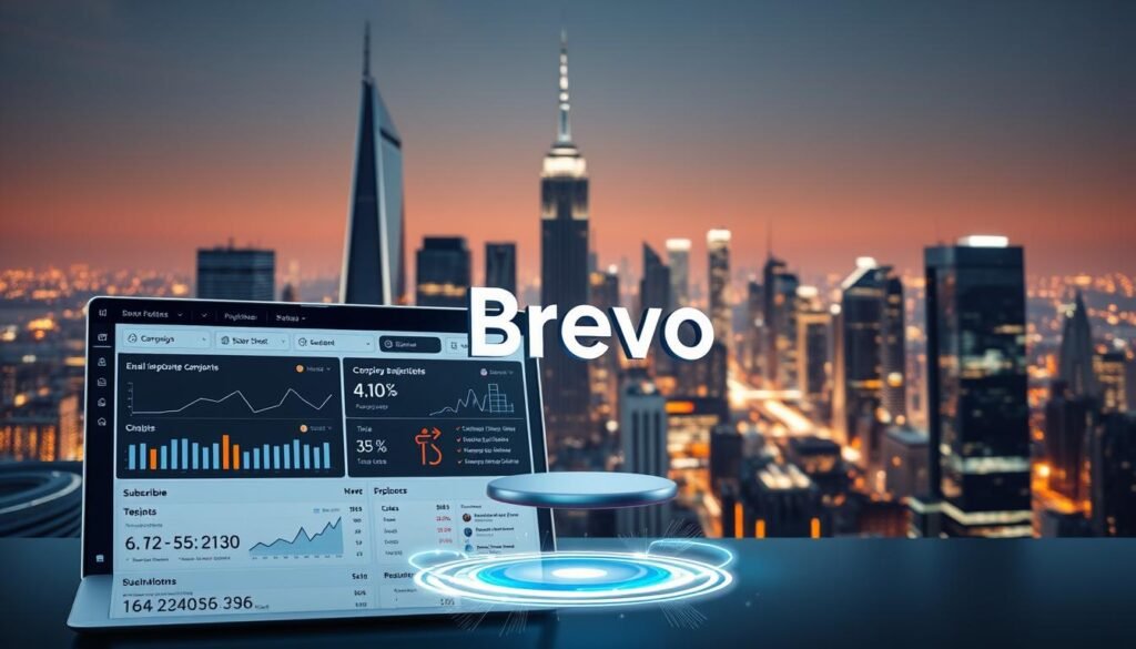 A professional and modern software interface showcasing the Brevo email marketing platform. In the foreground, a clean and intuitive dashboard displays email campaign statistics, subscriber data, and optimization tools. In the middle ground, a 3D model of the Brevo logo hovers, surrounded by glowing energy fields and a futuristic, metallic sheen. The background features a sleek, minimalist cityscape with towering skyscrapers and a vibrant, neon-lit skyline, conveying a sense of technological innovation and enterprise-level capabilities. The lighting is a balance of cool tones and warm accents, creating depth and highlighting the platform's advanced features. The overall mood is one of sophistication, efficiency, and cutting-edge email marketing solutions for the modern business. A professional and modern software interface showcasing the Brevo email marketing platform. In the foreground, a clean and intuitive dashboard displays email campaign statistics, subscriber data, and optimization tools. In the middle ground, a 3D model of the Brevo logo hovers, surrounded by glowing energy fields and a futuristic, metallic sheen. The background features a sleek, minimalist cityscape with towering skyscrapers and a vibrant, neon-lit skyline, conveying a sense of technological innovation and enterprise-level capabilities. The lighting is a balance of cool tones and warm accents, creating depth and highlighting the platform's advanced features. The overall mood is one of sophistication, efficiency, and cutting-edge email marketing solutions for the modern business.