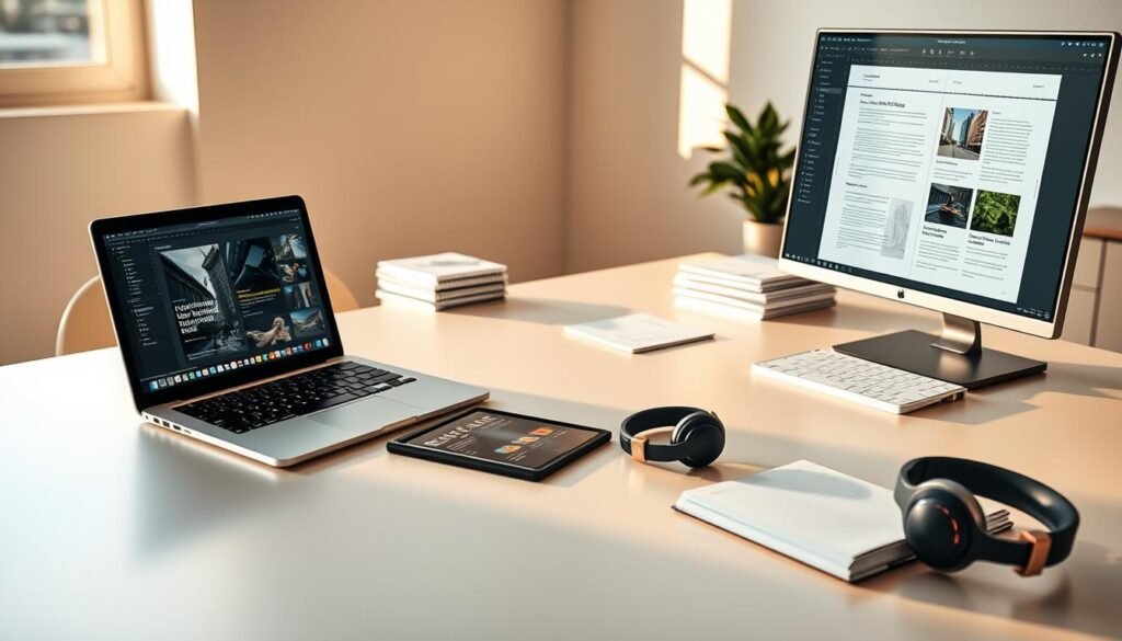A professional editor's desk, bathed in warm, natural lighting. On the sleek, minimalist surface, a high-end laptop and a tablet, both displaying design software interfaces. Nearby, a high-resolution monitor showcases a digital layout, with the cursor gracefully navigating through the content. Carefully organized stacks of paper, writing implements, and a pair of noise-cancelling headphones suggest a focused, efficient workflow. The backdrop is a serene, uncluttered office space, hinting at the editor's ability to maintain clarity and composure amidst the demands of the creative process.