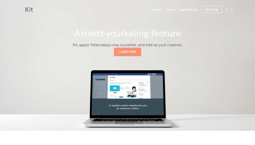 A professional, elegant landing page for the email marketing platform Kit, formerly known as ConvertKit. The page features a clean, minimalist design with a prominent headline and a call-to-action button. In the foreground, a laptop screen displays the Kit dashboard, showcasing its creator-centric features and paid newsletter capabilities. The middle ground features a stylized illustration of a person working on their laptop, conveying the platform's focus on empowering creators. The background is a soft, blurred gradient in muted tones, creating a sense of depth and focus on the central elements. The overall mood is one of professionalism, sophistication, and ease of use, reflecting Kit's positioning as a premier email marketing solution for freelancers and creators.