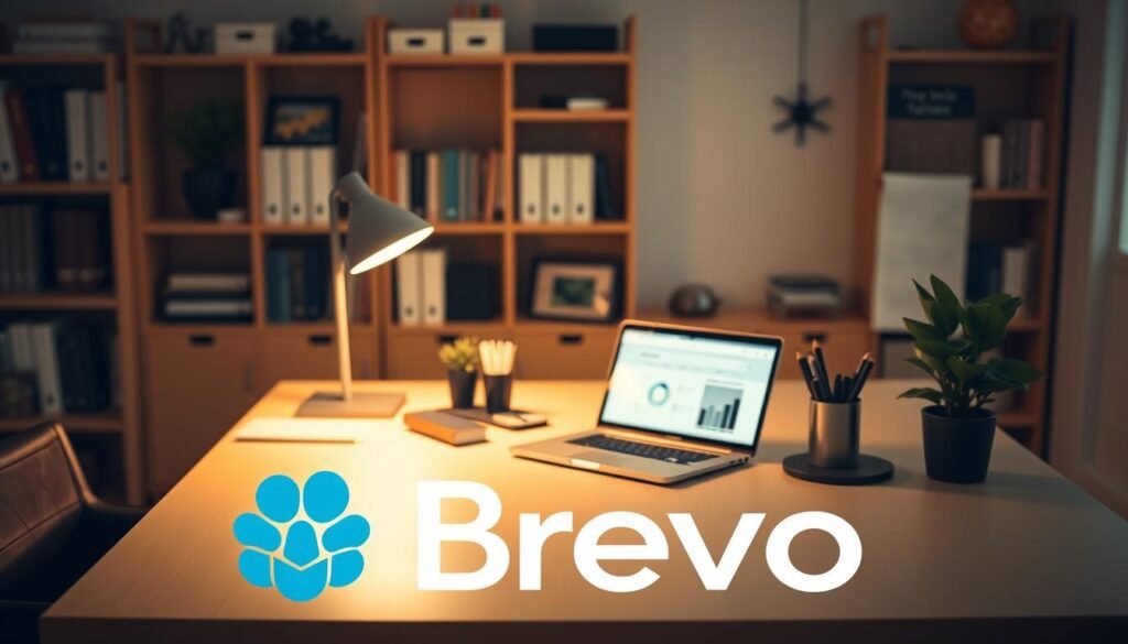 A serene office scene with a desk prominently featuring the Brevo email marketing platform's logo. The desk is bathed in warm, diffused lighting, creating a cozy and inviting atmosphere. On the desk, there is a laptop open, showcasing the Brevo dashboard, along with stationery items and a potted plant, conveying a sense of productivity and organization. In the background, there are shelves filled with books and office supplies, suggesting a professional and well-equipped workspace. The overall composition is balanced and visually appealing, highlighting the key features of the Brevo platform in a natural and unobtrusive manner. A serene office scene with a desk prominently featuring the Brevo email marketing platform's logo. The desk is bathed in warm, diffused lighting, creating a cozy and inviting atmosphere. On the desk, there is a laptop open, showcasing the Brevo dashboard, along with stationery items and a potted plant, conveying a sense of productivity and organization. In the background, there are shelves filled with books and office supplies, suggesting a professional and well-equipped workspace. The overall composition is balanced and visually appealing, highlighting the key features of the Brevo platform in a natural and unobtrusive manner.