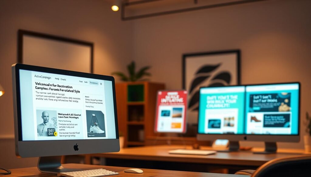 A serene office setting with a computer screen displaying personalized ActiveCampaign reactivation email templates. Warm, diffused lighting illuminates the workspace, creating a professional yet inviting atmosphere. In the foreground, a well-designed email template showcases dynamic content and AI-generated recommendations tailored to the recipient's preferences and past interactions. The middle ground features additional email examples, each with a distinct visual style and tone, demonstrating ActiveCampaign's capabilities in crafting engaging, personalized win-back campaigns. The background subtly blurs, keeping the focus on the impactful email designs. The overall scene conveys a sense of efficiency, data-driven insights, and a customer-centric approach to email marketing reactivation. A serene office setting with a computer screen displaying personalized ActiveCampaign reactivation email templates. Warm, diffused lighting illuminates the workspace, creating a professional yet inviting atmosphere. In the foreground, a well-designed email template showcases dynamic content and AI-generated recommendations tailored to the recipient's preferences and past interactions. The middle ground features additional email examples, each with a distinct visual style and tone, demonstrating ActiveCampaign's capabilities in crafting engaging, personalized win-back campaigns. The background subtly blurs, keeping the focus on the impactful email designs. The overall scene conveys a sense of efficiency, data-driven insights, and a customer-centric approach to email marketing reactivation.