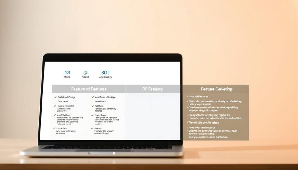 A side-by-side comparison of email marketing platform features in a clean, professional style. The foreground depicts a sleek laptop display showcasing detailed feature comparisons with icons and minimal text. The middle ground features a subtle grid layout, highlighting the platform differences. The background has a muted, elegant tone with soft gradients, creating a sense of depth and focus on the central comparison. Warm, balanced lighting accentuates the clean, modern design. The overall composition conveys a thoughtful, informative, and visually appealing illustration of the essential email marketing capabilities that drive lead nurturing and sales. A side-by-side comparison of email marketing platform features in a clean, professional style. The foreground depicts a sleek laptop display showcasing detailed feature comparisons with icons and minimal text. The middle ground features a subtle grid layout, highlighting the platform differences. The background has a muted, elegant tone with soft gradients, creating a sense of depth and focus on the central comparison. Warm, balanced lighting accentuates the clean, modern design. The overall composition conveys a thoughtful, informative, and visually appealing illustration of the essential email marketing capabilities that drive lead nurturing and sales.
