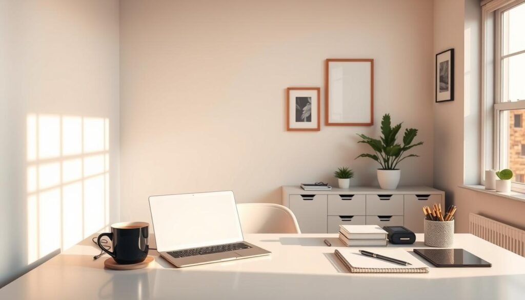 A simple yet elegant home office setup, bathed in warm, natural lighting filtering through a large window. On the desk, a laptop, a cup of coffee, and a well-organized array of office supplies, all in a minimalist, refined aesthetic. The background features clean, light-colored walls, complemented by a few potted plants and framed artwork, creating a serene and productive atmosphere. The composition emphasizes the balance between functionality and visual appeal, reflecting the "when to choose simplicity vs. sophistication" theme.