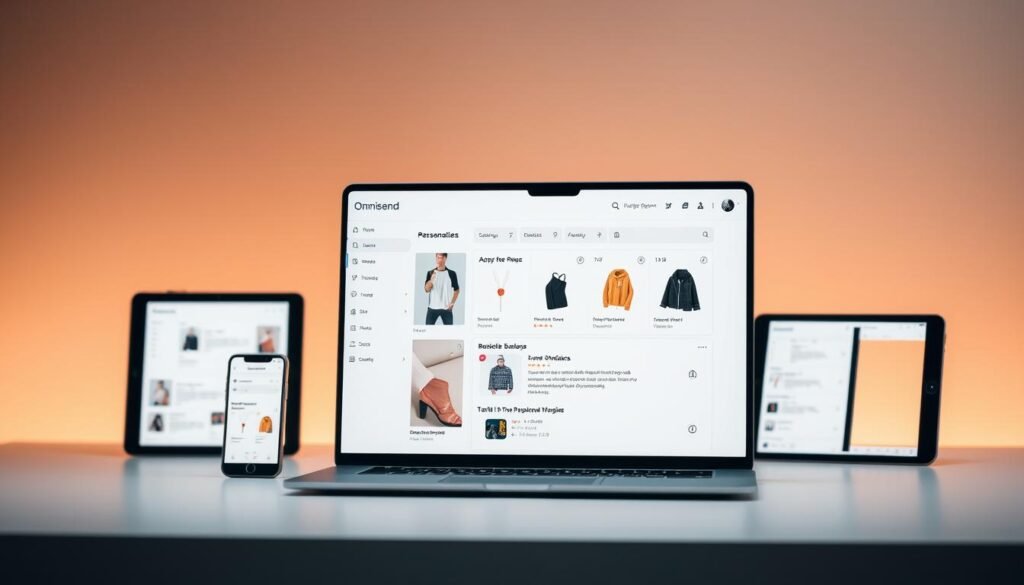 A sleek and modern e-commerce dashboard showcasing Omnisend's product recommendation feature. In the foreground, a laptop display presents a clean, minimalist interface with product thumbnails, titles, and personalized recommendations tailored to the user's browsing history and shopping preferences. The middle ground features additional devices, such as a smartphone and tablet, mirroring the dashboard's contents, emphasizing the cross-platform capabilities. The background is a soft, gradient-based color scheme, evoking a sense of technological sophistication and digital elegance. Warm, diffused lighting casts a subtle glow, highlighting the seamless integration of Omnisend's recommendation system within the e-commerce workflow. A sleek and modern e-commerce dashboard showcasing Omnisend's product recommendation feature. In the foreground, a laptop display presents a clean, minimalist interface with product thumbnails, titles, and personalized recommendations tailored to the user's browsing history and shopping preferences. The middle ground features additional devices, such as a smartphone and tablet, mirroring the dashboard's contents, emphasizing the cross-platform capabilities. The background is a soft, gradient-based color scheme, evoking a sense of technological sophistication and digital elegance. Warm, diffused lighting casts a subtle glow, highlighting the seamless integration of Omnisend's recommendation system within the e-commerce workflow.