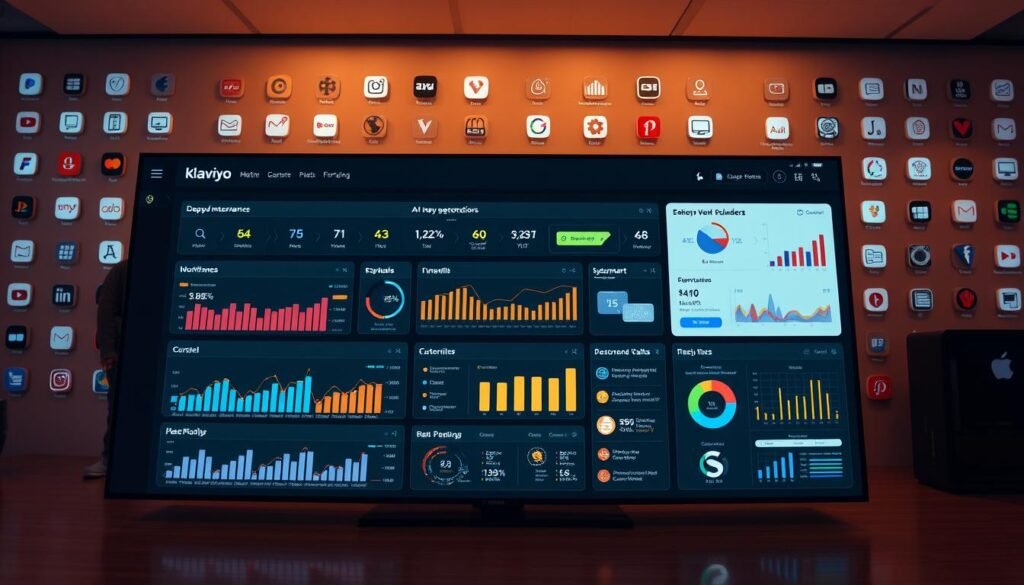 A sleek and modern ecommerce automation dashboard, showcasing Klaviyo's deep integrations and AI-enhanced workflows. In the foreground, a central display highlights key performance metrics, sales funnels, and customer segmentation. The middle ground features intuitive workflow builders, email campaign templates, and personalization tools. In the background, an array of ecommerce platform icons and data visualizations convey the platform's comprehensive ecommerce ecosystem. Warm lighting casts a professional, data-driven atmosphere, captured through a wide-angle lens to encompass the breadth of Klaviyo's robust marketing automation capabilities. A sleek and modern ecommerce automation dashboard, showcasing Klaviyo's deep integrations and AI-enhanced workflows. In the foreground, a central display highlights key performance metrics, sales funnels, and customer segmentation. The middle ground features intuitive workflow builders, email campaign templates, and personalization tools. In the background, an array of ecommerce platform icons and data visualizations convey the platform's comprehensive ecommerce ecosystem. Warm lighting casts a professional, data-driven atmosphere, captured through a wide-angle lens to encompass the breadth of Klaviyo's robust marketing automation capabilities.