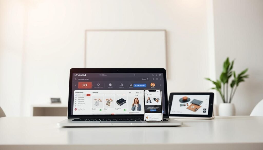 A sleek and modern ecommerce automation platform, Omnisend, prominently featured against a backdrop of a stylish, minimalist workspace. In the foreground, a laptop displays the Omnisend dashboard, showcasing its intuitive interface and powerful automation tools. In the middle ground, a smartphone and tablet highlight Omnisend's mobile-responsive capabilities, enabling seamless cross-device experiences. The background features a clean, light-filled room with subtle geometric patterns on the walls, conveying a sense of efficiency and professionalism. Soft, directional lighting creates a warm, inviting atmosphere, accentuating the streamlined design of the Omnisend platform. A sleek and modern ecommerce automation platform, Omnisend, prominently featured against a backdrop of a stylish, minimalist workspace. In the foreground, a laptop displays the Omnisend dashboard, showcasing its intuitive interface and powerful automation tools. In the middle ground, a smartphone and tablet highlight Omnisend's mobile-responsive capabilities, enabling seamless cross-device experiences. The background features a clean, light-filled room with subtle geometric patterns on the walls, conveying a sense of efficiency and professionalism. Soft, directional lighting creates a warm, inviting atmosphere, accentuating the streamlined design of the Omnisend platform.
