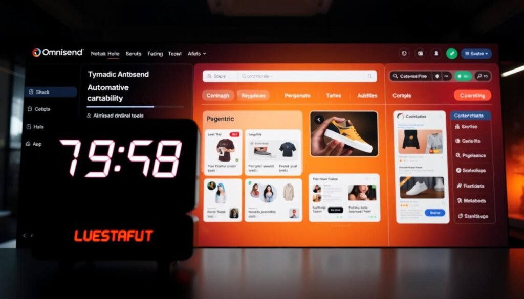 A sleek and modern ecommerce dashboard showcasing Omnisend's powerful automation capabilities. In the foreground, a countdown timer flashes, highlighting the time-sensitive nature of a limited-time offer. The middle ground features dynamic product carousels, personalized email templates, and sophisticated segmentation tools, all intuitively laid out. In the background, a gradient of warm hues evokes a sense of urgency and conversion-driven energy. The overall scene is captured through a wide-angle lens, creating a sense of depth and emphasizing the comprehensive nature of Omnisend's ecommerce-native automations. A sleek and modern ecommerce dashboard showcasing Omnisend's powerful automation capabilities. In the foreground, a countdown timer flashes, highlighting the time-sensitive nature of a limited-time offer. The middle ground features dynamic product carousels, personalized email templates, and sophisticated segmentation tools, all intuitively laid out. In the background, a gradient of warm hues evokes a sense of urgency and conversion-driven energy. The overall scene is captured through a wide-angle lens, creating a sense of depth and emphasizing the comprehensive nature of Omnisend's ecommerce-native automations.