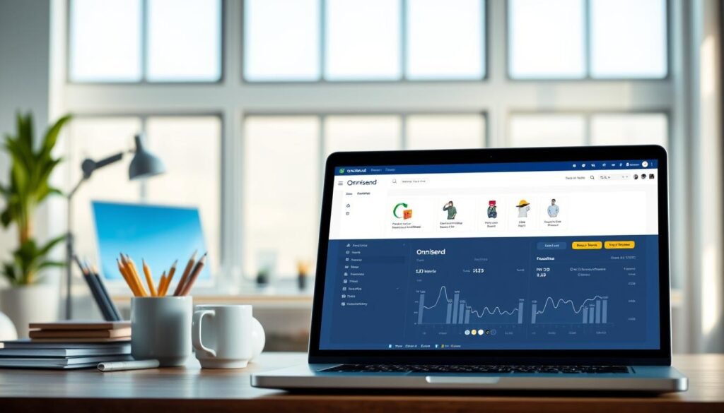 A sleek and modern ecommerce platform, Omnisend, takes center stage against a backdrop of a minimalist workspace. The platform's clean, intuitive interface is showcased in a well-lit, airy room, with large windows letting in natural light. In the foreground, a laptop displays the Omnisend dashboard, its vibrant colors and streamlined design conveying a sense of efficiency and professionalism. In the middle ground, a variety of office supplies and a mug of steaming coffee hint at the dedicated focus required for successful ecommerce customer journeys. The overall mood is one of productivity, technology, and the promise of seamless online shopping experiences. A sleek and modern ecommerce platform, Omnisend, takes center stage against a backdrop of a minimalist workspace. The platform's clean, intuitive interface is showcased in a well-lit, airy room, with large windows letting in natural light. In the foreground, a laptop displays the Omnisend dashboard, its vibrant colors and streamlined design conveying a sense of efficiency and professionalism. In the middle ground, a variety of office supplies and a mug of steaming coffee hint at the dedicated focus required for successful ecommerce customer journeys. The overall mood is one of productivity, technology, and the promise of seamless online shopping experiences.