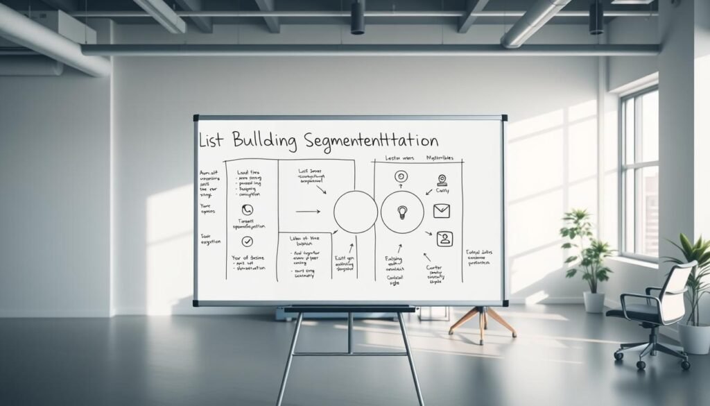 A sleek and modern office setting, with a large whiteboard in the foreground displaying a visual representation of "list building segmentation". The whiteboard features clean lines, well-organized sections, and intuitive icons or diagrams that clearly convey the concepts of audience segmentation, targeted outreach, and subscriber management. The background showcases a minimalist workspace with a large window, allowing natural light to flood the scene and create a bright, productive atmosphere. The overall composition exudes a sense of professionalism, efficiency, and a focus on effective email marketing strategies for freelance marketers. A sleek and modern office setting, with a large whiteboard in the foreground displaying a visual representation of "list building segmentation". The whiteboard features clean lines, well-organized sections, and intuitive icons or diagrams that clearly convey the concepts of audience segmentation, targeted outreach, and subscriber management. The background showcases a minimalist workspace with a large window, allowing natural light to flood the scene and create a bright, productive atmosphere. The overall composition exudes a sense of professionalism, efficiency, and a focus on effective email marketing strategies for freelance marketers.
