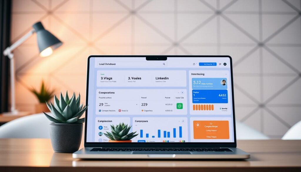 A sleek and modern software dashboard showcasing the Snov.io lead database, set against a backdrop of a warm and minimalist office environment. In the foreground, an intuitive interface with clean typography and data visualizations highlighting prospecting tools, LinkedIn integrations, and a comprehensive CRM. The middle ground features a laptop displaying the Snov.io platform, accompanied by a succulent plant and a stylish desk lamp providing soft, directional lighting. The background subtly blurs into a wall with a geometric pattern, creating a sense of depth and professionalism. The overall mood is one of productivity, efficiency, and technological sophistication, perfectly suited to illustrate the "Snov.io: flexible prospecting, LinkedIn steps, and built-in CRM" section of the article. A sleek and modern software dashboard showcasing the Snov.io lead database, set against a backdrop of a warm and minimalist office environment. In the foreground, an intuitive interface with clean typography and data visualizations highlighting prospecting tools, LinkedIn integrations, and a comprehensive CRM. The middle ground features a laptop displaying the Snov.io platform, accompanied by a succulent plant and a stylish desk lamp providing soft, directional lighting. The background subtly blurs into a wall with a geometric pattern, creating a sense of depth and professionalism. The overall mood is one of productivity, efficiency, and technological sophistication, perfectly suited to illustrate the "Snov.io: flexible prospecting, LinkedIn steps, and built-in CRM" section of the article.