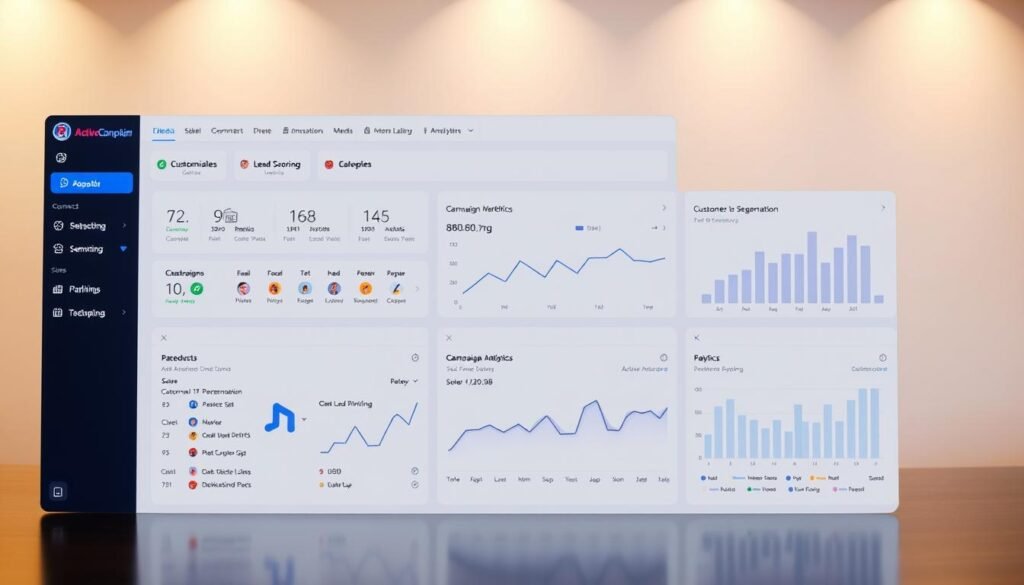 A sleek and modern user interface depicting ActiveCampaign's advanced automation capabilities for lifecycle marketing. The foreground showcases a visually appealing dashboard with customizable workflows, lead scoring, and customer segmentation tools. In the middle ground, a series of interactive graphs and charts illustrate key performance metrics, campaign analytics, and customer insights. The background features a clean, minimalist design with subtle geometric patterns, conveying a sense of efficiency and sophistication. Warm lighting casts a soft glow, creating a professional and refined atmosphere. The overall scene captures the power and flexibility of ActiveCampaign's automation platform for fitness professionals seeking to optimize their email marketing strategies.