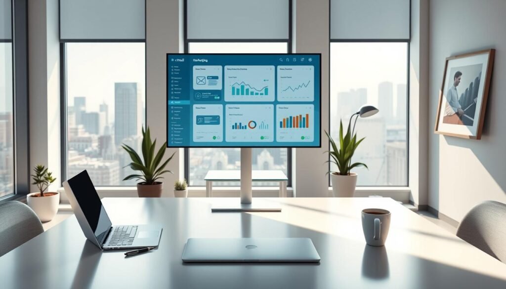 A sleek, minimalist office setting with a central focus on a large computer monitor displaying various email marketing platform icons and dashboard analytics. The scene is illuminated by soft, natural lighting streaming through large windows, creating a serene and productive atmosphere. In the foreground, a stylish desk with a professional laptop, pen, and a cup of coffee. The middle ground features potted plants and framed artwork, adding warmth and sophistication to the space. The background showcases a cityscape through the windows, hinting at the global reach and effectiveness of these re-engagement platforms. The overall composition conveys the power and versatility of modern email marketing tools for audience re-engagement. A sleek, minimalist office setting with a central focus on a large computer monitor displaying various email marketing platform icons and dashboard analytics. The scene is illuminated by soft, natural lighting streaming through large windows, creating a serene and productive atmosphere. In the foreground, a stylish desk with a professional laptop, pen, and a cup of coffee. The middle ground features potted plants and framed artwork, adding warmth and sophistication to the space. The background showcases a cityscape through the windows, hinting at the global reach and effectiveness of these re-engagement platforms. The overall composition conveys the power and versatility of modern email marketing tools for audience re-engagement.
