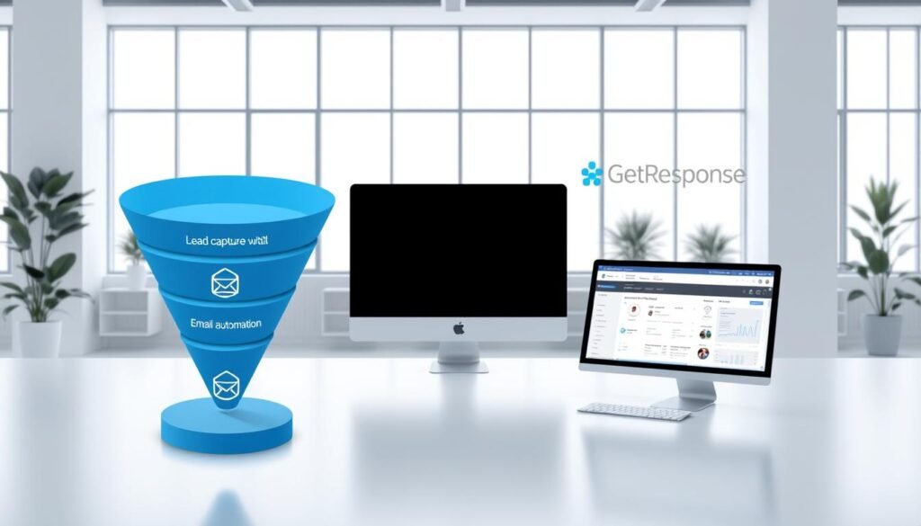 A sleek, modern GetResponse conversion funnel against a backdrop of a clean, minimalist office space. The funnel is depicted in a 3D isometric view, its stages represented by distinct geometric shapes in a gradient of blues and grays. The foreground showcases the funnel's core elements - lead capture, email automation, and analytics - with subtle, elegant icons. The middle ground features a desktop computer displaying the GetResponse dashboard, highlighting the platform's intuitive interface. The background portrays floor-to-ceiling windows, flooding the scene with natural light and a sense of openness. The overall mood is one of efficiency, clarity, and the power of integrated email marketing tools. A sleek, modern GetResponse conversion funnel against a backdrop of a clean, minimalist office space. The funnel is depicted in a 3D isometric view, its stages represented by distinct geometric shapes in a gradient of blues and grays. The foreground showcases the funnel's core elements - lead capture, email automation, and analytics - with subtle, elegant icons. The middle ground features a desktop computer displaying the GetResponse dashboard, highlighting the platform's intuitive interface. The background portrays floor-to-ceiling windows, flooding the scene with natural light and a sense of openness. The overall mood is one of efficiency, clarity, and the power of integrated email marketing tools.