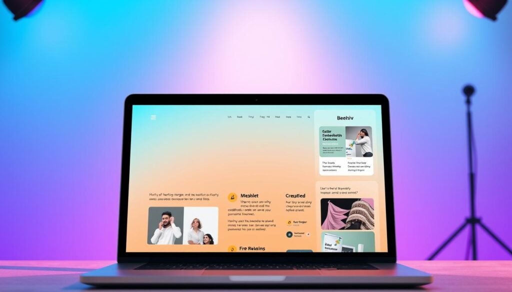 A sleek, modern email newsletter template with a vibrant gradient background. In the foreground, a laptop screen displays the Beehiiv logo, surrounded by a clean, minimalist design with intuitive navigation controls. The middle ground features content modules showcasing newsletter sections, opt-in forms, and interactive elements, all executed with a visually appealing, creator-focused aesthetic. The background hints at a professional, well-lit studio setting, with subtle lighting accents that enhance the overall polished and sophisticated atmosphere. A sleek, modern email newsletter template with a vibrant gradient background. In the foreground, a laptop screen displays the Beehiiv logo, surrounded by a clean, minimalist design with intuitive navigation controls. The middle ground features content modules showcasing newsletter sections, opt-in forms, and interactive elements, all executed with a visually appealing, creator-focused aesthetic. The background hints at a professional, well-lit studio setting, with subtle lighting accents that enhance the overall polished and sophisticated atmosphere.