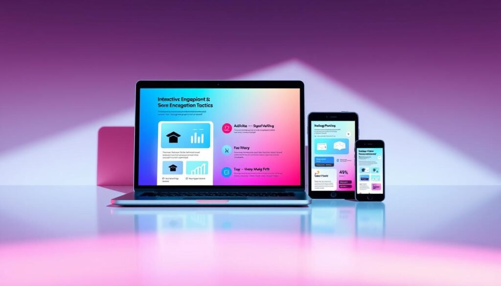 A sleek, modern email template with a bold, eye-catching design. Vibrant gradients and geometric shapes create a dynamic, visually striking layout. In the foreground, a trio of digital devices - a laptop, tablet, and smartphone - display an interactive email campaign showcasing advanced engagement tactics. The middle ground features infographic-style icons and data visualizations, highlighting key metrics and strategies for elevating email performance. The background is a minimalist, tech-inspired environment with clean lines, subtle textures, and a serene, neutral color palette to keep the focus on the content. Dramatic lighting casts dramatic shadows, adding depth and drama to the scene. The overall mood is professional, forward-thinking, and inspirational, conveying the power of innovative email marketing tactics. A sleek, modern email template with a bold, eye-catching design. Vibrant gradients and geometric shapes create a dynamic, visually striking layout. In the foreground, a trio of digital devices - a laptop, tablet, and smartphone - display an interactive email campaign showcasing advanced engagement tactics. The middle ground features infographic-style icons and data visualizations, highlighting key metrics and strategies for elevating email performance. The background is a minimalist, tech-inspired environment with clean lines, subtle textures, and a serene, neutral color palette to keep the focus on the content. Dramatic lighting casts dramatic shadows, adding depth and drama to the scene. The overall mood is professional, forward-thinking, and inspirational, conveying the power of innovative email marketing tactics.