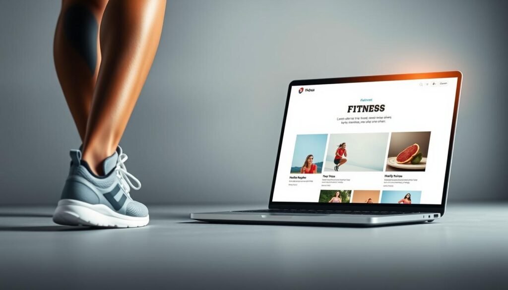 A sleek, modern fitness email newsletter design, with a clean layout showcasing workout routines, healthy recipes, and motivational content. The foreground features a close-up of a runner's feet in stylish sneakers, against a smooth gray background. The middle ground displays a laptop screen displaying an email template with vibrant fitness imagery and minimal, well-spaced typography. The background softly blurs into a gradient of calming blues and greens, evoking a sense of wellness and vitality. The lighting is crisp and natural, with a subtle, warm glow highlighting the key elements. The overall composition conveys a professional, motivating, and visually appealing fitness email marketing aesthetic.