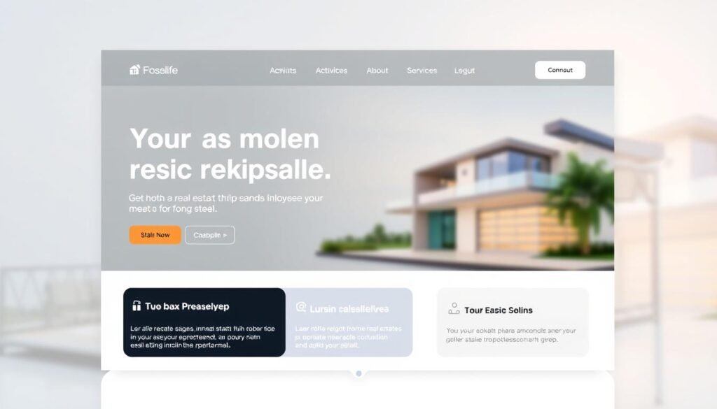 A sleek, modern landing page with a clean, minimalist design. The page features a large, high-quality hero image showcasing real estate or a related property, with a slightly blurred background to draw the viewer's attention. The layout is well-organized, with clear call-to-action buttons and intuitive navigation. The color scheme is a harmonious blend of subtle grays, whites, and accents of a vibrant, real estate-inspired hue. Soft, diffused lighting creates a warm, inviting atmosphere, while the camera angle provides a slightly elevated perspective, giving the impression of professionalism and sophistication. The overall aesthetic conveys a sense of trust, reliability, and a focus on the user experience.