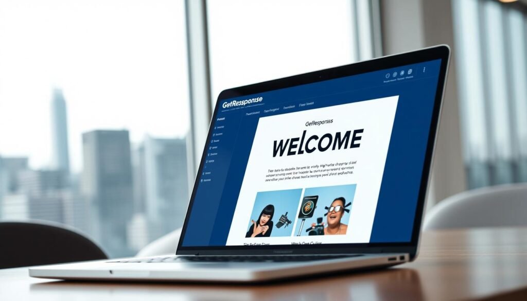 A sleek, modern-looking email dashboard with a crisp, clean interface. In the foreground, a laptop displays the GetResponse welcome series, showcasing a well-designed, visually striking email template with attractive typography, imagery, and branding. The background features a blurred cityscape, suggesting a professional, corporate setting. The lighting is soft and natural, creating a sense of sophistication. The camera angle is slightly elevated, providing an overview of the workspace and highlighting the GetResponse platform's intuitive and user-friendly design. A sleek, modern-looking email dashboard with a crisp, clean interface. In the foreground, a laptop displays the GetResponse welcome series, showcasing a well-designed, visually striking email template with attractive typography, imagery, and branding. The background features a blurred cityscape, suggesting a professional, corporate setting. The lighting is soft and natural, creating a sense of sophistication. The camera angle is slightly elevated, providing an overview of the workspace and highlighting the GetResponse platform's intuitive and user-friendly design.