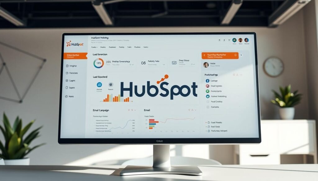 A sleek, modern marketing platform interface with the HubSpot logo prominently displayed. The screen shows a clean, intuitive dashboard with various analytical charts, lead generation tools, and email campaign management features. In the foreground, a desktop computer with a large, high-resolution monitor casts a soft, diffused glow. The background features a minimalist office setting with neutral tones, potted plants, and subtle geometric patterns on the walls, creating a professional yet visually appealing atmosphere. The lighting is balanced, with a mix of natural and artificial sources, resulting in a well-lit, productive work environment. A sleek, modern marketing platform interface with the HubSpot logo prominently displayed. The screen shows a clean, intuitive dashboard with various analytical charts, lead generation tools, and email campaign management features. In the foreground, a desktop computer with a large, high-resolution monitor casts a soft, diffused glow. The background features a minimalist office setting with neutral tones, potted plants, and subtle geometric patterns on the walls, creating a professional yet visually appealing atmosphere. The lighting is balanced, with a mix of natural and artificial sources, resulting in a well-lit, productive work environment.