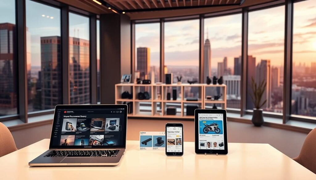 A sleek, modern office interior with large windows overlooking a vibrant city skyline. In the foreground, a stylish desk displays a laptop, tablet, and smartphone, all showcasing personalized product recommendations tailored to the user's browsing history and purchase patterns. The mid-ground features a minimalist shelving unit with various consumer electronics and lifestyle products. Warm, indirect lighting creates a professional yet inviting atmosphere, while the background depicts a dynamic city landscape, hinting at the global reach and data-driven nature of the e-commerce platform. Captured with a wide-angle lens to convey a sense of spaciousness and technological sophistication. A sleek, modern office interior with large windows overlooking a vibrant city skyline. In the foreground, a stylish desk displays a laptop, tablet, and smartphone, all showcasing personalized product recommendations tailored to the user's browsing history and purchase patterns. The mid-ground features a minimalist shelving unit with various consumer electronics and lifestyle products. Warm, indirect lighting creates a professional yet inviting atmosphere, while the background depicts a dynamic city landscape, hinting at the global reach and data-driven nature of the e-commerce platform. Captured with a wide-angle lens to convey a sense of spaciousness and technological sophistication.