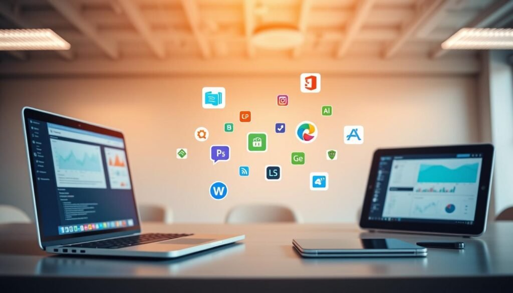 A sleek, modern office setting showcases a series of neatly arranged tech devices and digital interfaces, symbolizing the seamless integration of marketing platforms. The foreground features a laptop, smartphone, and tablet, their screens displaying interconnected data and workflows. In the middle ground, colorful icons and software logos float effortlessly, highlighting the compatibility and connectivity between tools. The background is bathed in a soft, warm light, creating a professional and productive atmosphere. The overall composition conveys the efficiency and organization of a well-integrated marketing technology stack. A sleek, modern office setting showcases a series of neatly arranged tech devices and digital interfaces, symbolizing the seamless integration of marketing platforms. The foreground features a laptop, smartphone, and tablet, their screens displaying interconnected data and workflows. In the middle ground, colorful icons and software logos float effortlessly, highlighting the compatibility and connectivity between tools. The background is bathed in a soft, warm light, creating a professional and productive atmosphere. The overall composition conveys the efficiency and organization of a well-integrated marketing technology stack.