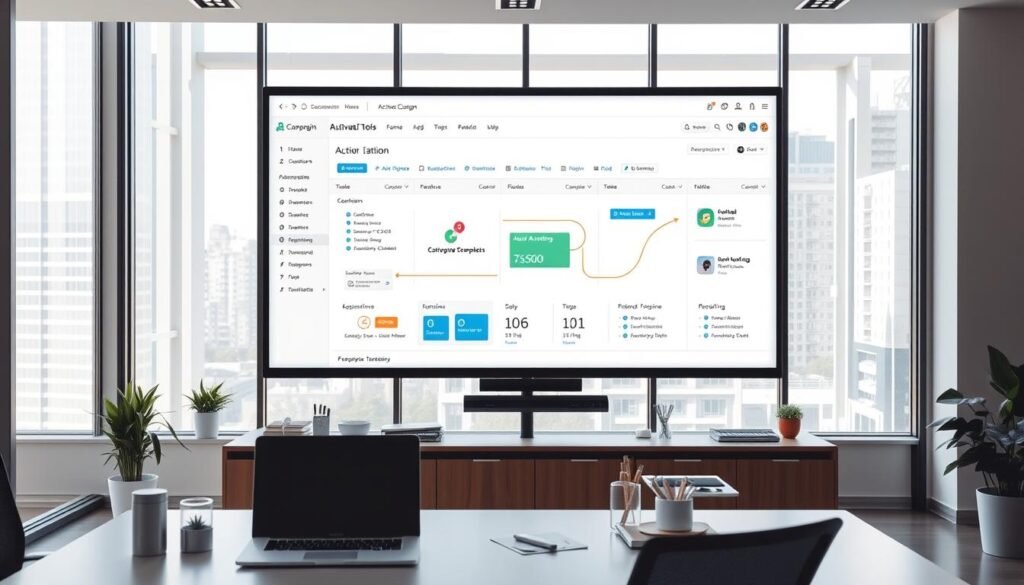 A sleek, modern office setting with a large wall-mounted display showcasing the ActiveCampaign automation tools interface. The foreground features a desk with a laptop and various office supplies, giving a sense of a productive workspace. The middle ground showcases the automation tools in action, with customizable workflow diagrams, data visualization, and intuitive user controls. The background features floor-to-ceiling windows, allowing natural light to flood the room and create a bright, airy atmosphere. The overall scene conveys a sense of advanced, sophisticated email marketing capabilities at the fingertips of the user. A sleek, modern office setting with a large wall-mounted display showcasing the ActiveCampaign automation tools interface. The foreground features a desk with a laptop and various office supplies, giving a sense of a productive workspace. The middle ground showcases the automation tools in action, with customizable workflow diagrams, data visualization, and intuitive user controls. The background features floor-to-ceiling windows, allowing natural light to flood the room and create a bright, airy atmosphere. The overall scene conveys a sense of advanced, sophisticated email marketing capabilities at the fingertips of the user.