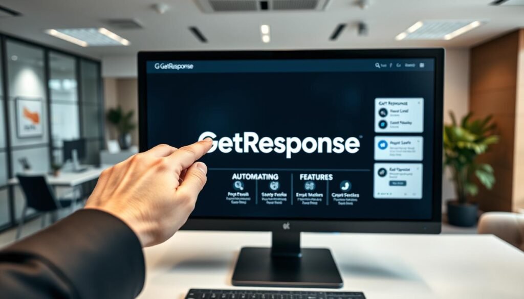 A sleek, modern office setting with a prominent computer screen displaying the GetResponse logo and marketing automation features. In the foreground, a professional-looking hand hovers over the screen, suggesting user interaction and engagement. The background features a clean, minimalist design with subtle details like office furniture and decor, creating a polished and sophisticated atmosphere. The lighting is soft and directional, highlighting the key elements and conveying a sense of productivity and efficiency. The overall composition and styling evoke a high-quality, enterprise-level email marketing solution tailored for upsell and cross-sell campaigns. A sleek, modern office setting with a prominent computer screen displaying the GetResponse logo and marketing automation features. In the foreground, a professional-looking hand hovers over the screen, suggesting user interaction and engagement. The background features a clean, minimalist design with subtle details like office furniture and decor, creating a polished and sophisticated atmosphere. The lighting is soft and directional, highlighting the key elements and conveying a sense of productivity and efficiency. The overall composition and styling evoke a high-quality, enterprise-level email marketing solution tailored for upsell and cross-sell campaigns.